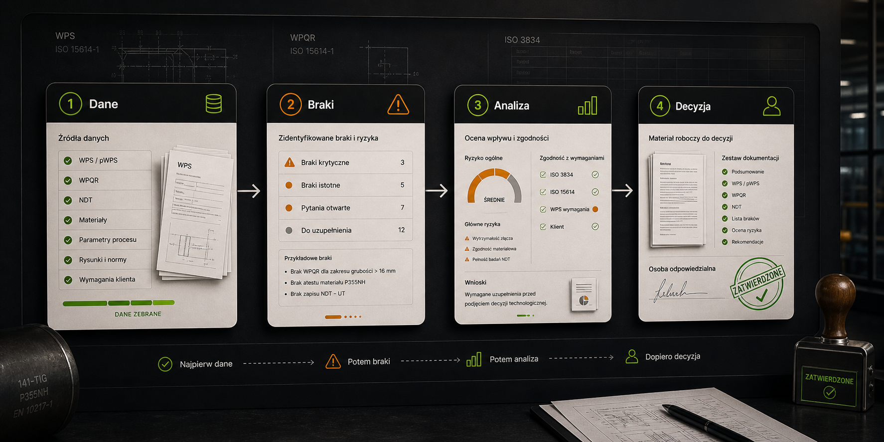 Tablica workflow: dane, braki, analiza i decyzja w dokumentacji spawalniczej